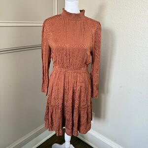 NWT Madewell Mockneck Ruffle-Hem Mini Dress Cheetah Jacquard Size M Warm Umber